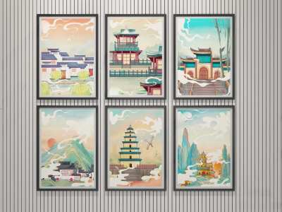 新中式古建插画3D模型下载